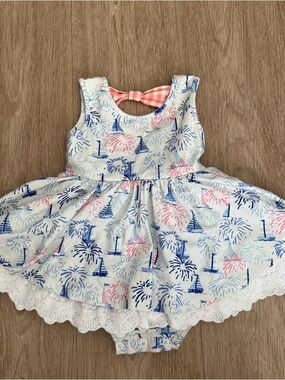 SweetHoney White Dress with Blue and Pink Sailboats and Fireworks